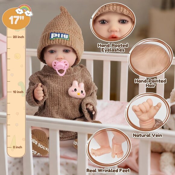 17 Inches Brown Newborn Girl Real Life Soft Silicone Full Body Baby Dolls - Picture 6 of 8